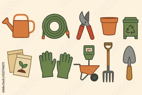 Garden tools and supplies: watering can, hose, pruners, pots, gloves, wheelbarrow, fork, trowel