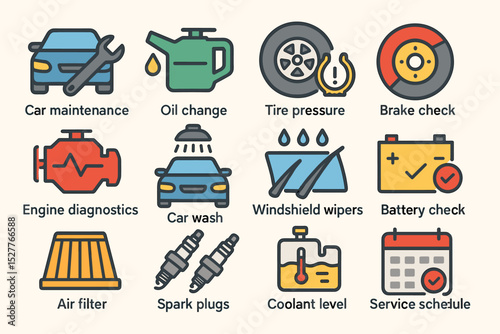 Car maintenance icons featuring oil change, brake check, battery check, and tire pressure