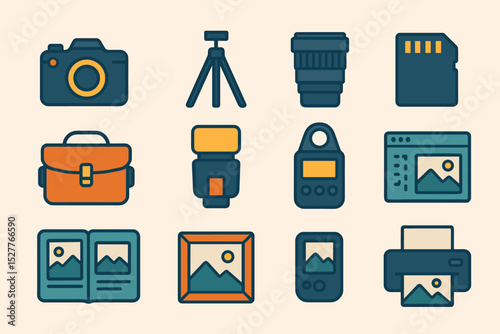 Photography equipment icons: camera, tripod, lens, memory card, flash