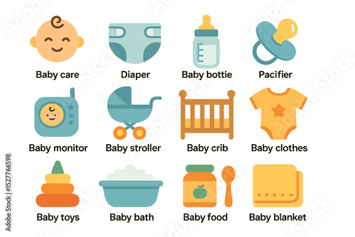 Baby essentials icons including diaper, bottle, pacifier, stroller, and crib