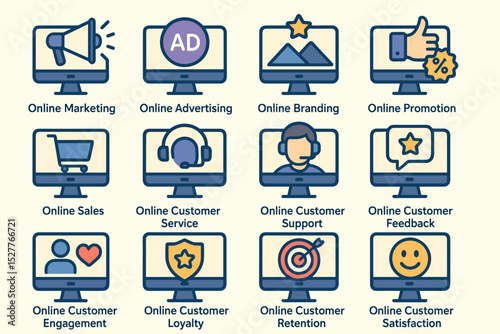 Icons depicting online marketing strategies and customer engagement concepts