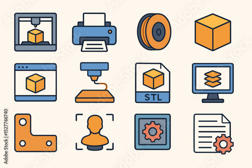 3d printing icons collection: printers, models, software, and materials