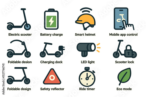 Electric scooter features: battery, smart helmet, mobile app control, led light, eco mode