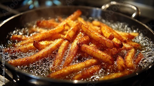 Golden French Fries sizzling in hot oil inside a pan on a stove top
