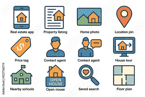 Real estate icons for property listing, home photo, and agent contact