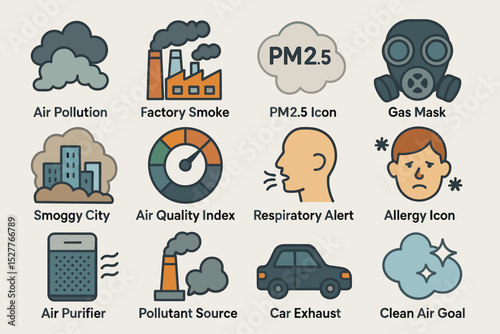 Air pollution icons: factory smoke, gas mask, air quality index, respiratory alert, allergy