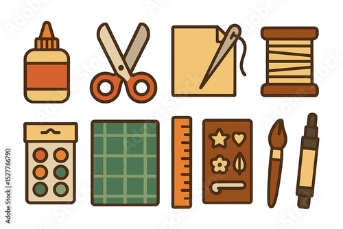 Crafting essentials: glue, scissors, paper, needle, thread, and art supplies