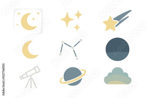 Celestial icons set: moon, stars, telescope, constellation, planet, cloud, comet