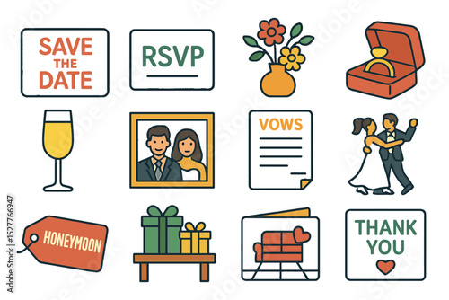 Wedding icon set with invitations, gifts, and decorations for special occasions