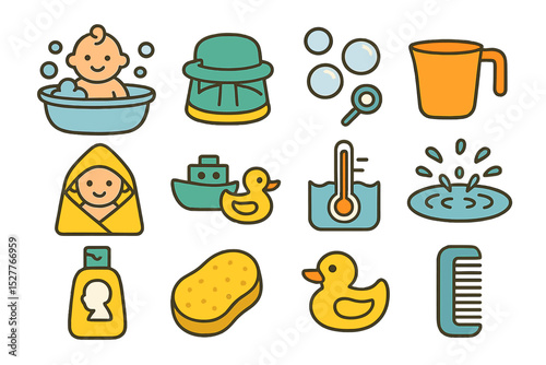 Cute baby bath time cartoon icons: duck, soap, towel, thermometer, and more
