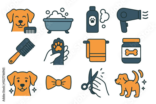 Pet grooming icons: dog care essentials for bathing and styling