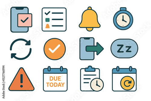 Colorful icons for task management and reminders with clocks and calendars