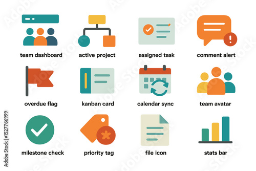 Colorful business dashboard icons for project management and communication