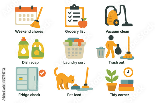 Household task icons: chores, grocery, cleaning, organization