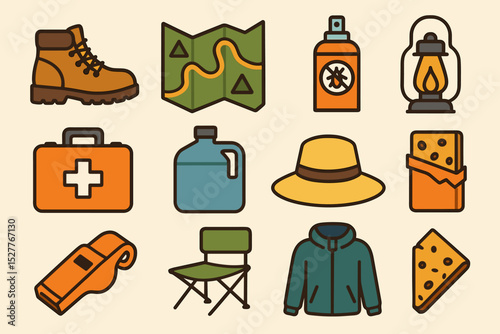 Essential camping gear icons: map, boots, lantern, hat, jacket, first aid, and more