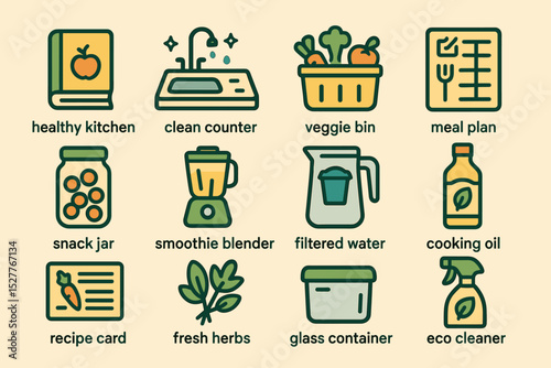 Essential kitchen icons for sustainable and organized cooking spaces