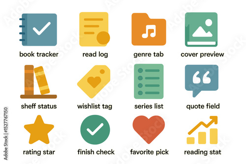 Colorful book tracking interface icons for reading management and organization