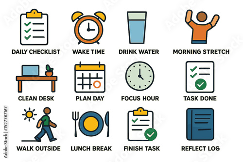 Daily routine icons: productivity, health, and organization
