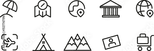 Travel Icons Beach, Compass, Globe, Building, Mountains, Tent, Airplane, ID Card, Suitcase - Vector Graphics