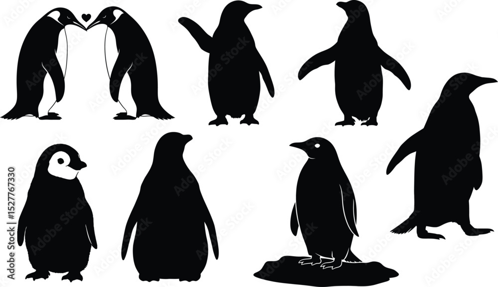 Naklejka premium High-quality vector bundle showcasing multiple adorable silhouettes of penguins, including a cute chick and a tender pair,Penguin Silhouettes Set