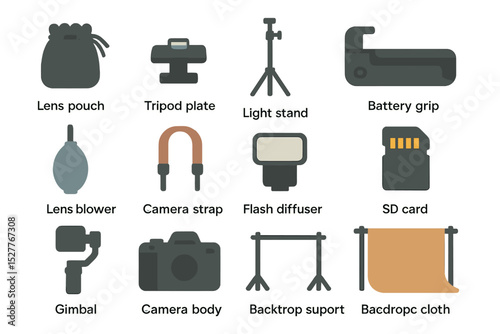 Camera equipment icons featuring lens pouch, tripod plate, and more