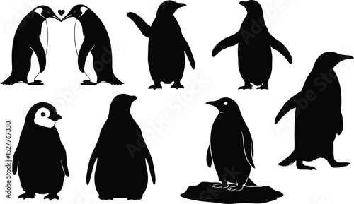 High-quality vector bundle showcasing multiple adorable silhouettes of penguins, including a cute chick and a tender pair,Penguin Silhouettes Set