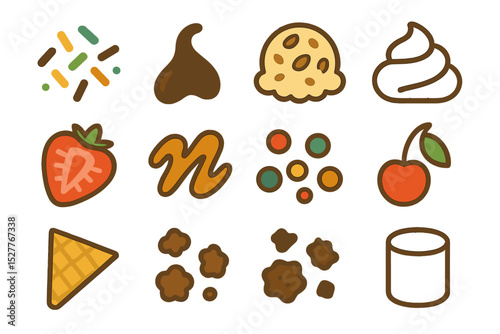 Colorful dessert toppings featuring sprinkles and fruits on a golden background