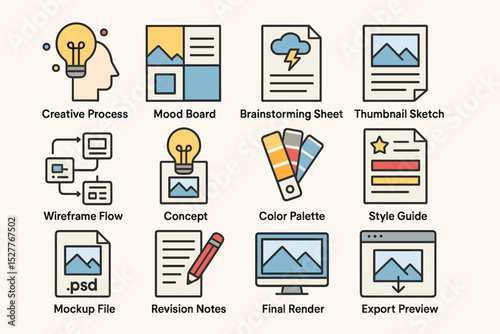 Creative design tools icons: mood board, wireframe, sketch, color palette