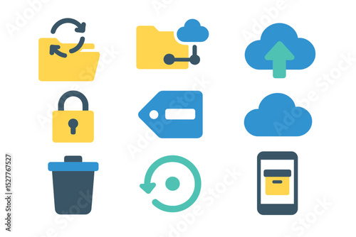 Colorful neon icons: cloud, security, tags, and sync symbols on dark background