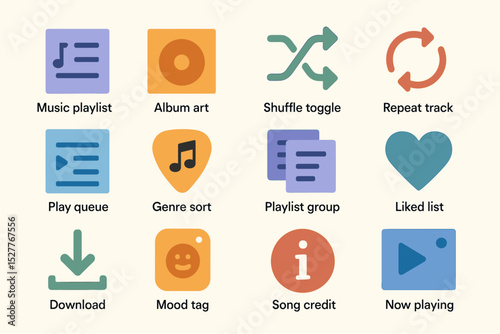 Music app interface icons: playlist, album, shuffle, repeat, queue, genre