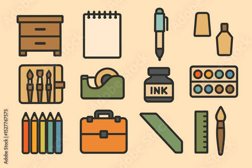 Colorful office and art supplies: pencils, paints, desk, and craft tools displayed on beige background