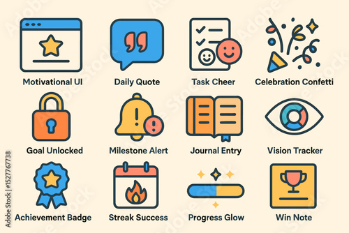 Colorful icons of progress and achievement in digital applications