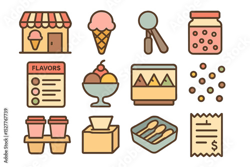 Ice cream shop illustrations: cones, sundae, and accessories on warm background