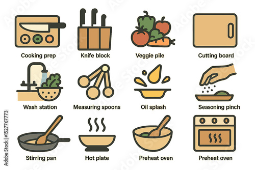 Kitchen icons: cooking prep, veggie pile, seasoning pinch, preheat oven, cutting board