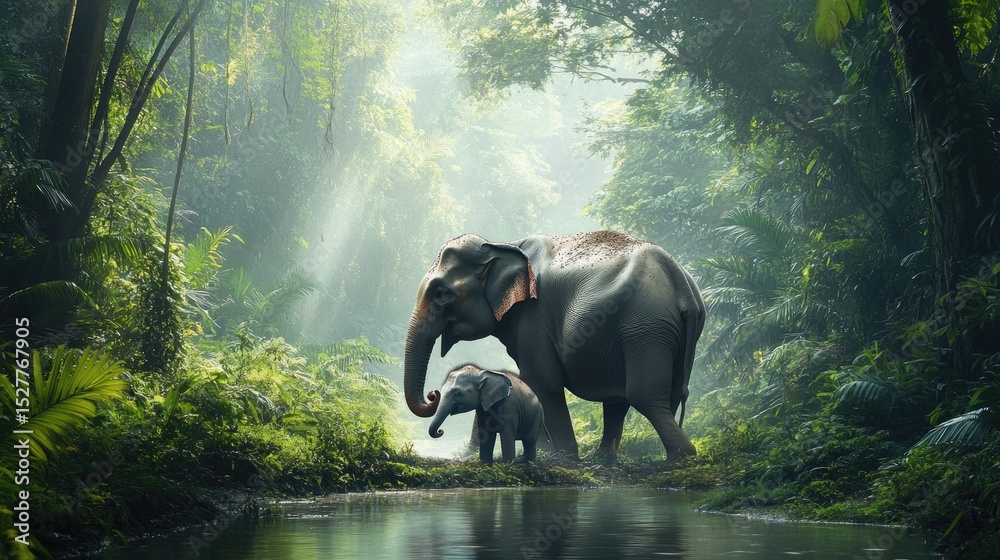 Fototapeta premium Majestic elephants in a lush, misty jungle, near a tranquil stream