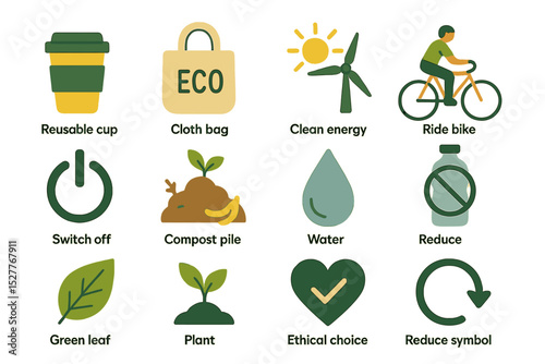 Eco-friendly actions and symbols for a sustainable lifestyle