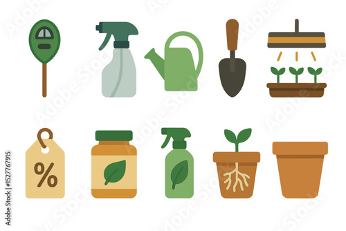 Gardening tools and equipment icons on a gradient background