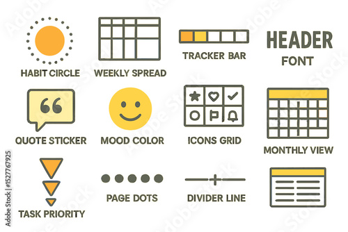 Planner elements: habit circle, weekly spread, tracker bar