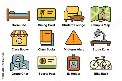 Colorful icons representing college life with study tools and campus essentials