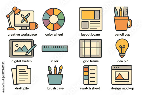 Creative workspace elements with tools and design icons