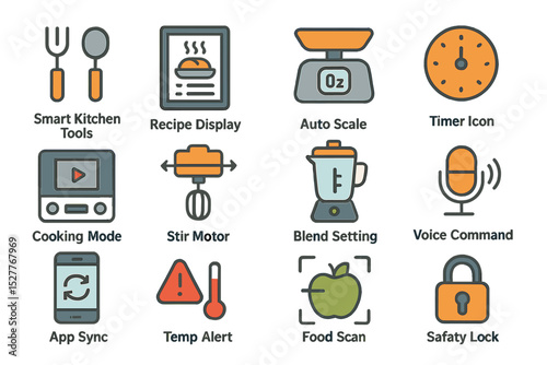 Smart kitchen icons set: tools, recipe display, auto scale, timer