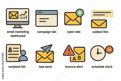 Email marketing dashboard icons representing campaign, metrics, and communication tools