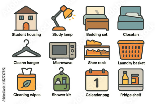 Essential student housing items with icon illustrations