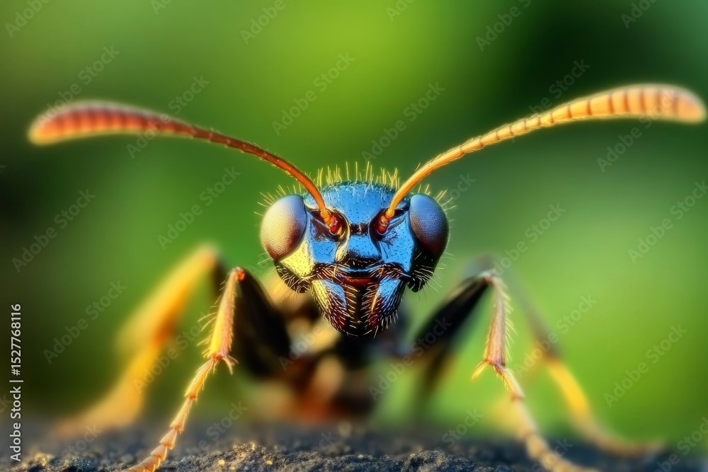 Naklejka premium Stunning Close-Up of an Ant with Blue Reflections, Detailed Eyes, and Vibrant Antenna on Green