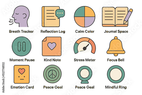 Mindfulness app icons for emotional wellbeing and focus enhancement