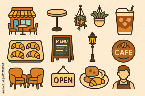 Cozy café elements collection with seating, menu, and pastries