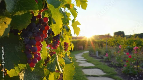 Vineyard with bright bunches of ripe grapes hanging from vines