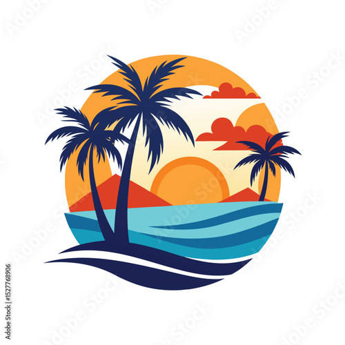 Tropical island scene with palm trees sunset and ocean waves in a circular design