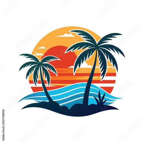 Tropical sunset beach scene with palm trees and ocean waves vector illustration
