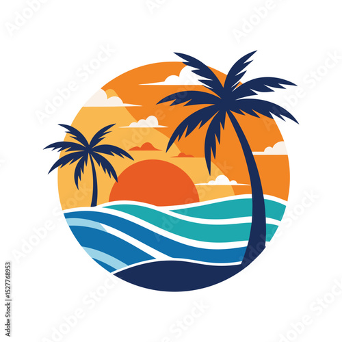 Tropical sunset scene with palm trees ocean waves and clouds in circular illustration